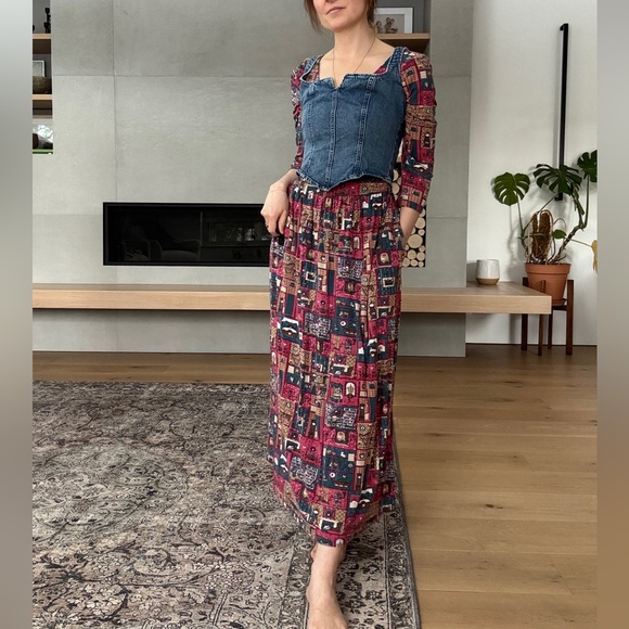 April Cornell Burgundy Patchwork Print Long Sleeve Maxi Dress - Picture 7 of 17